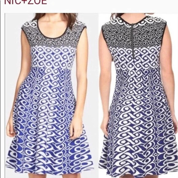NIC + ZOE | sz M Women's Blue/White/Black Knit Print Sleeveless Sweater Dress - Picture 2 of 8